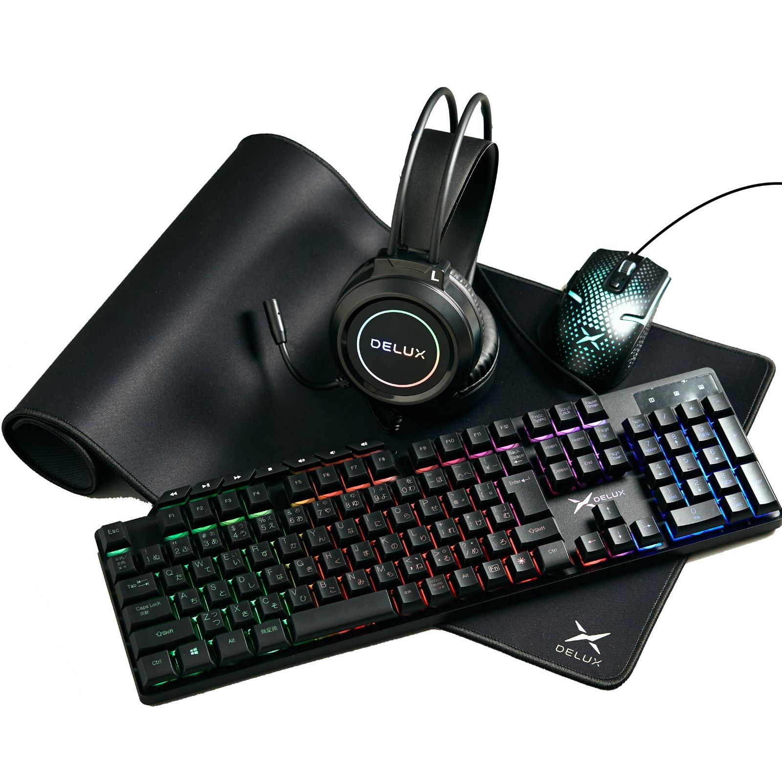 DELUX 光るゲーミングデバイス4点セット ブラック 日本語配列 109キー