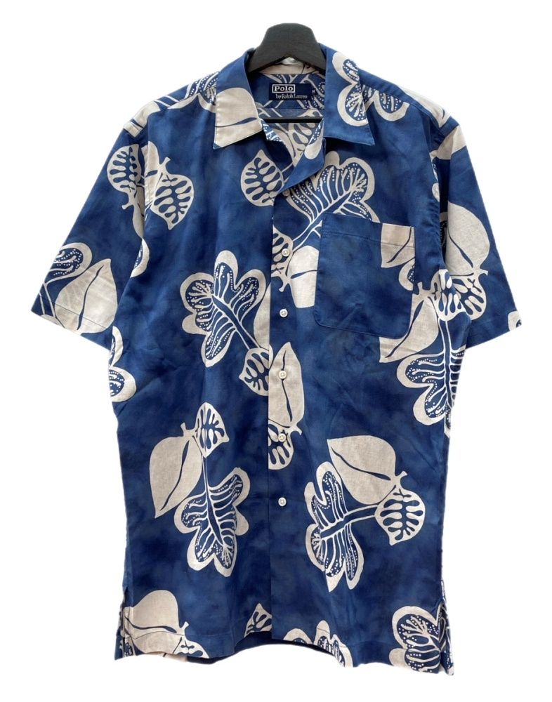 ラルフローレン RalphLauren 90 s SHIRT オープン シャツ リーフ アロハ 開襟 半袖 青 半袖シャツ 総柄 ブルー Mサイズ 104 MT-2358