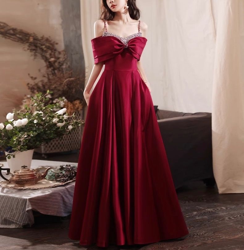 ドレス 赤 パーティー リボン ビジュー 結婚式 二次会 演奏会 発表会 ロング イブニングドレス