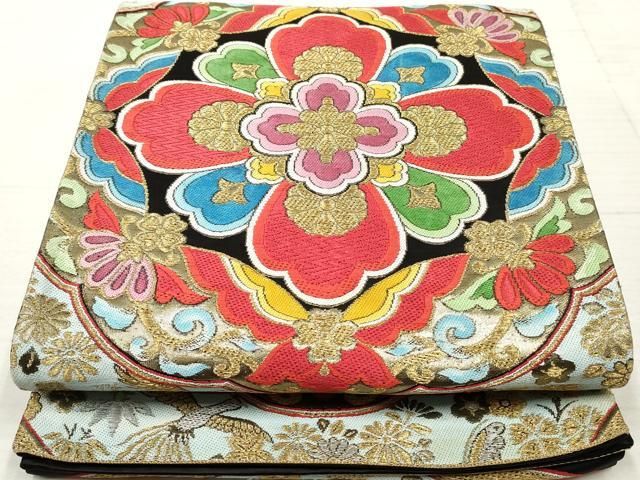 平和屋着物◎六通柄袋帯 唐織 花蝶文 鳳凰 黒地 金糸 正絹 逸品