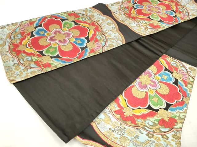 平和屋着物◎六通柄袋帯 唐織 花蝶文 鳳凰 黒地 金糸 正絹 逸品