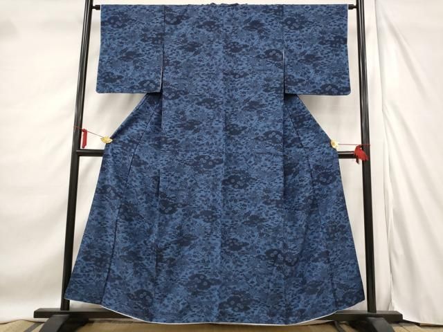 平和屋着物●訪問着　紬地　藍　型染　鳳凰花文　正絹　逸品　DAAX4076ps 平和屋着物○訪問着 紬地 藍 型染 鳳凰花文 正絹 逸品