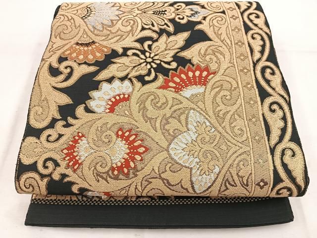 平和屋着物◎六通柄 京袋帯 本袋帯 更紗花文 黒地 金糸 正絹 逸品