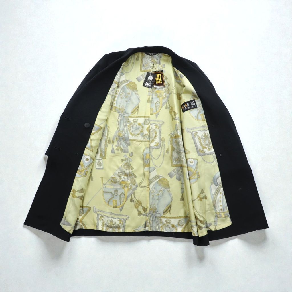DAKS カシミア ダブルブレスト チェスターコート XL ブラック サテン裏地 スカーフ 総柄