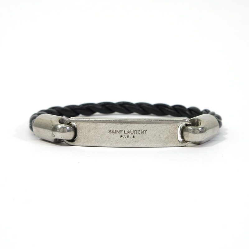 SAINT LAURENT サンローラン ID プレート レザー ブレスレット シルバー ブラック 135