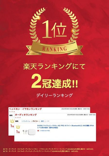 SUDIO ワイヤレス イヤホン N 2 PRO ホワイト Bluetooth 5 ANC機能 IPX 4レベル防水設計