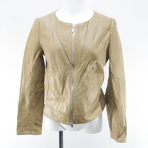 ブランベール blancvert レザージャケット 革ジャン ノーカラージャケット 羊革 38 ベージュ系 ジップアップ ポケット 裏地 無地