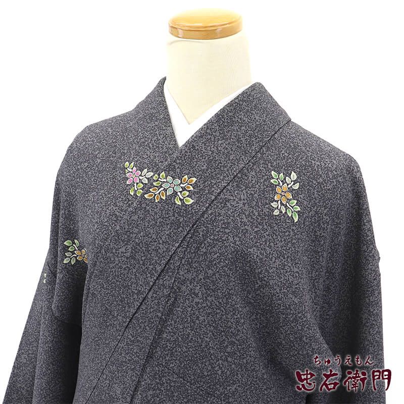 小紋 小紋着物 松井青々 落款 袷 レディース 正絹 灰青 たたき染め風合い 花 飛び柄 身丈155 5 cm 裄丈65 カジュアル Mサイズ相当