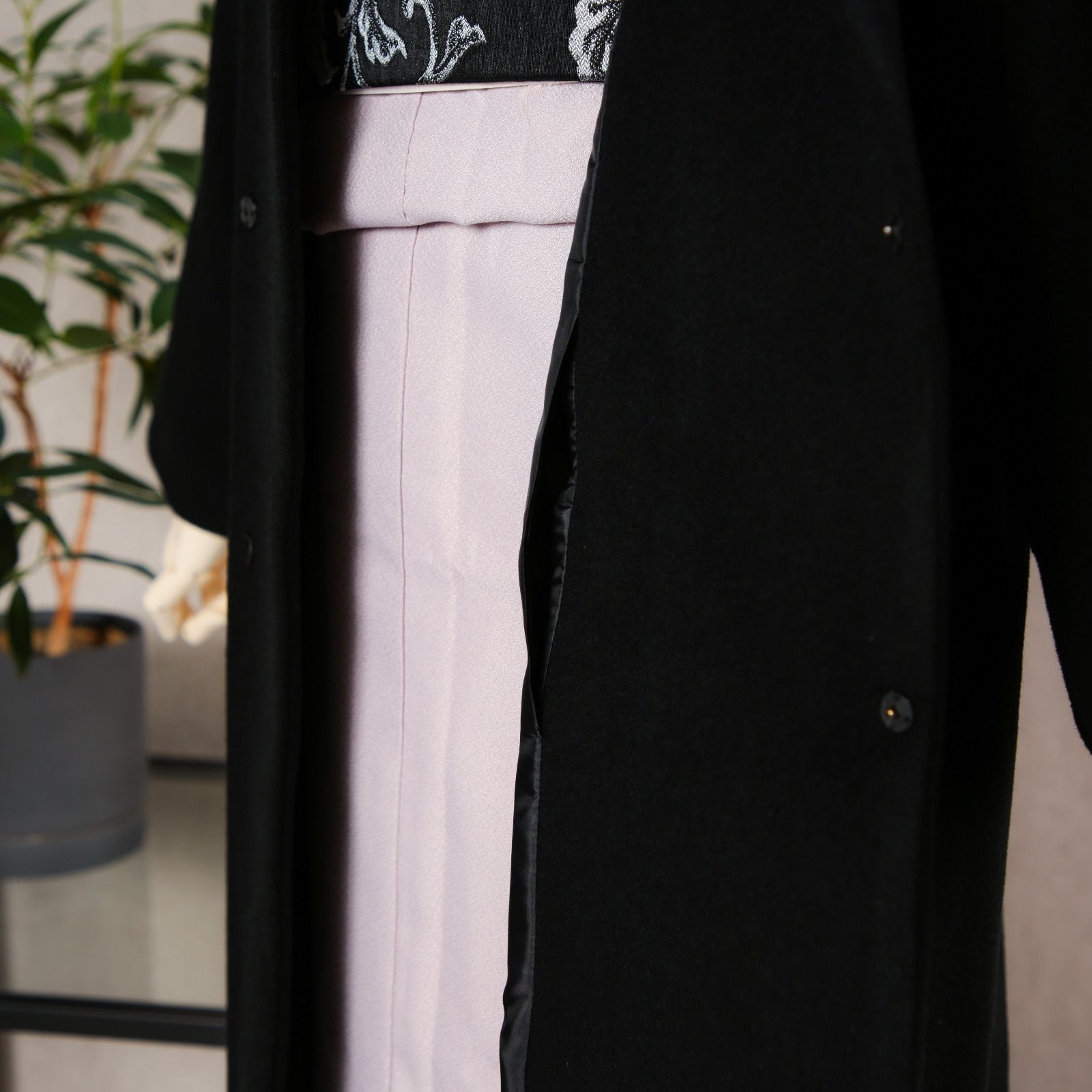 新品・未使用 着物コート【ロール衿・ブラック】カシミヤ混 着物 和装 