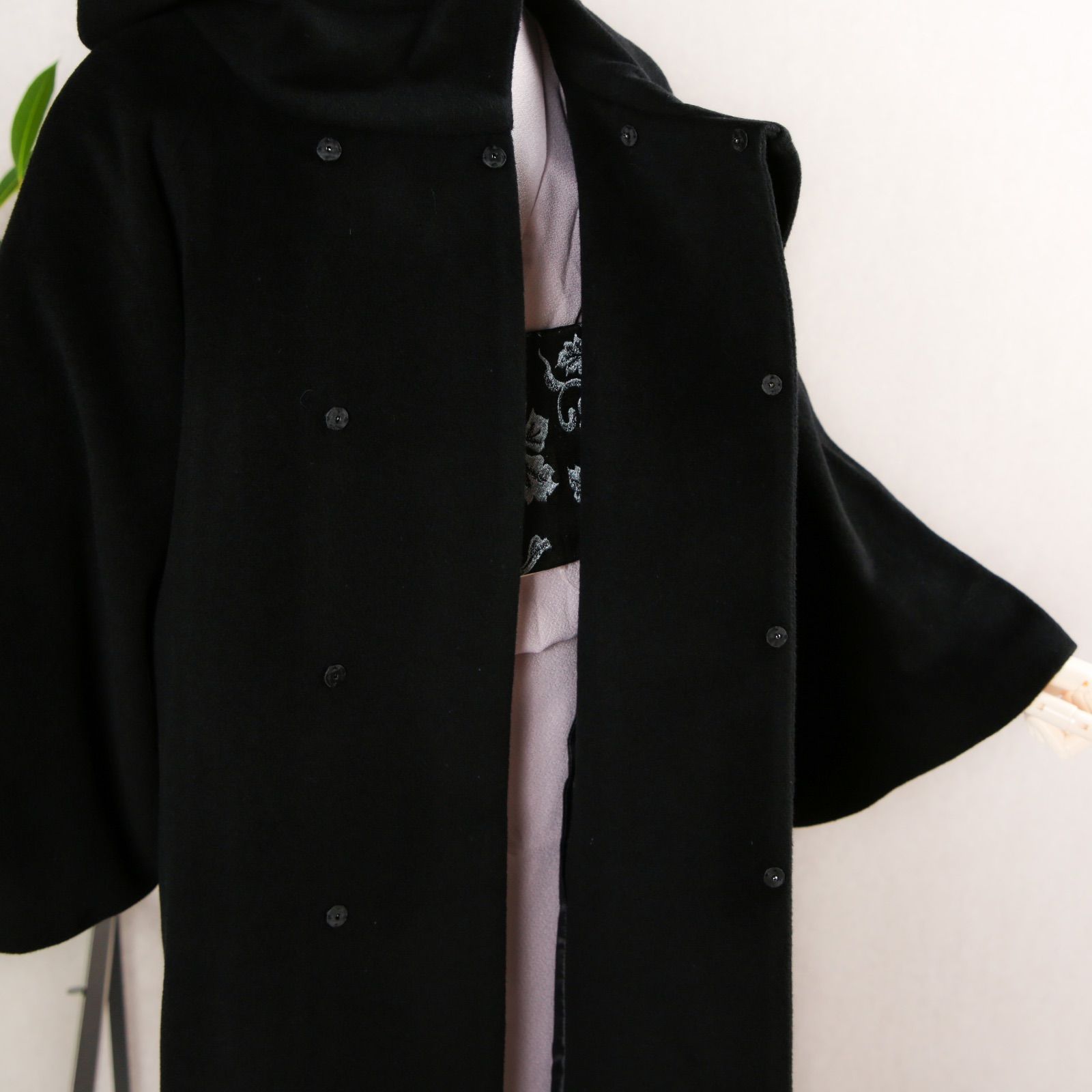 新品・未使用 着物コート【ロール衿・ブラック】カシミヤ混 着物 和装 