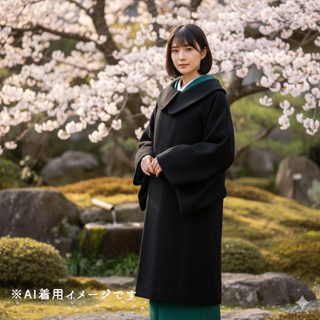 新品・未使用 着物コート【ロール衿・ブラック】カシミヤ混 着物 和装 