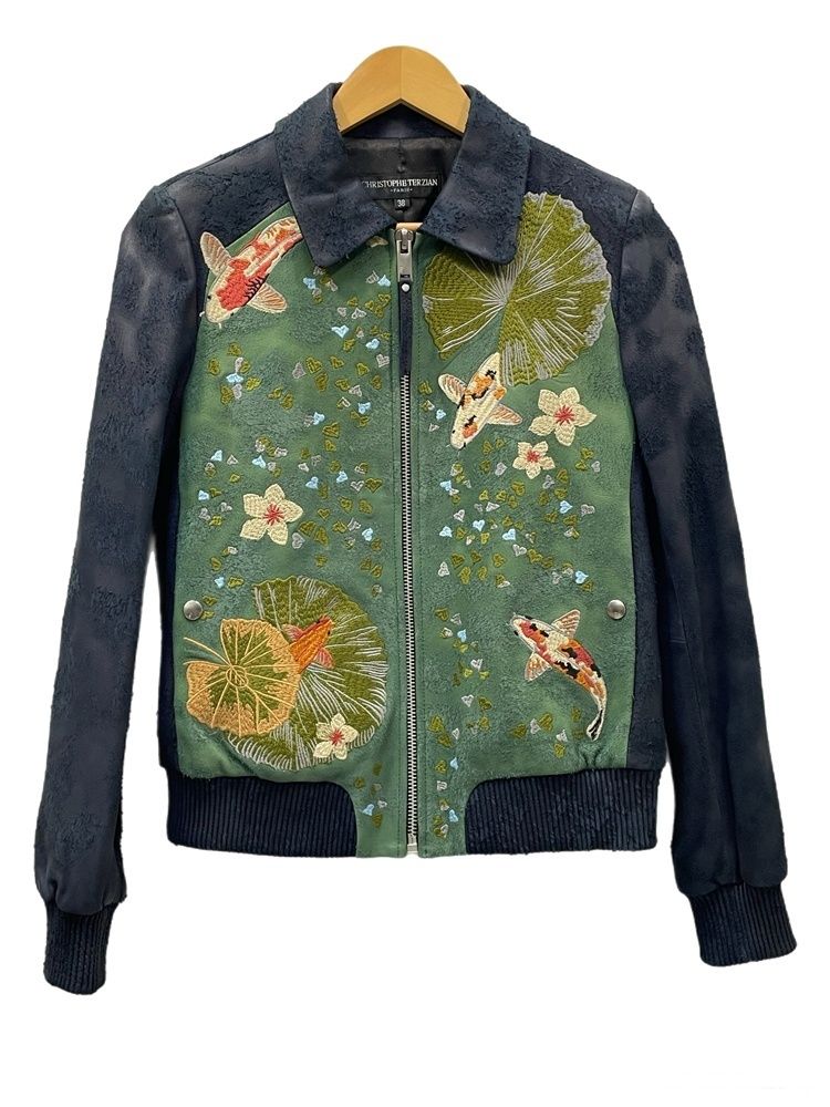 クリストフ テルジアン TERZIAN ダメージ加工 カープ 刺繍 ポンド ゴートレザー ライダーズ 錦鯉 池 羊革 37-07-81-07029 ジャケット ネイビー 601 LT-35