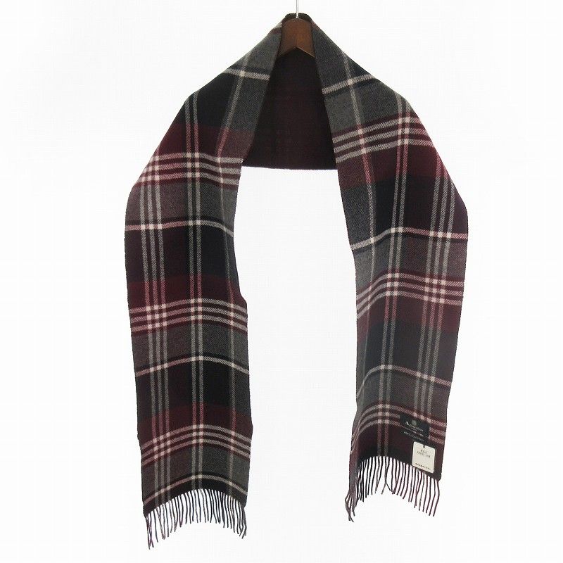 アクアスキュータム カシミヤ100％ マフラー チェック柄 ワインレッド ブラック ホワイト 180ｃｍ 26ｃｍ