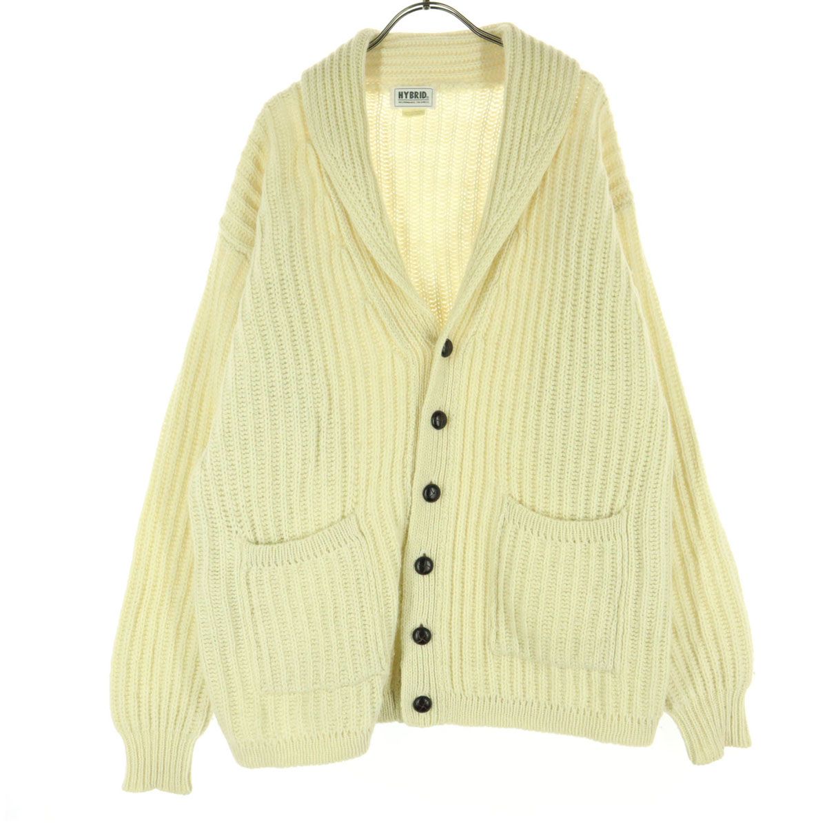 HYBRID ハイブリッド 90s オールド 長袖 ショールカラー ニットカーディガン L アイボリー メンズ 古着