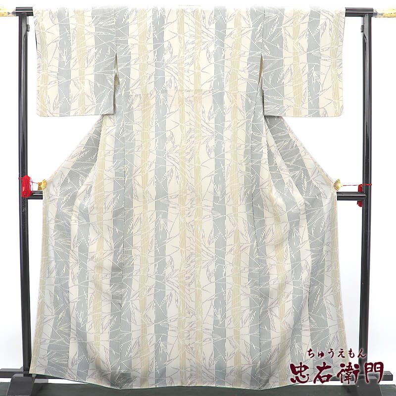 小紋 小紋着物 袷 レディース 正絹 白 緑 縞 草木柄 身丈166 cm 裄丈66 カジュアル M～Lサイズ相当着物 リユース着物 着物