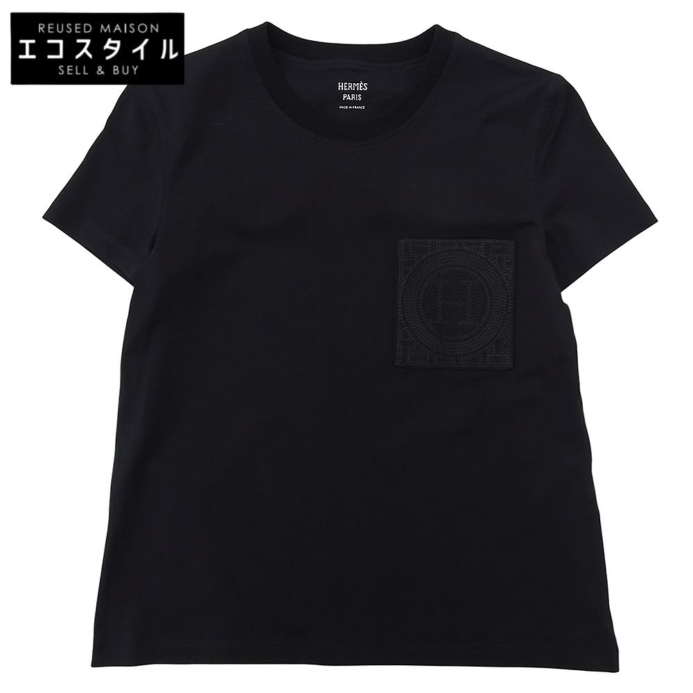 HERMES エルメス コットン 胸デザイン Tシャツ トップス レディース ブラック 36 47-7703