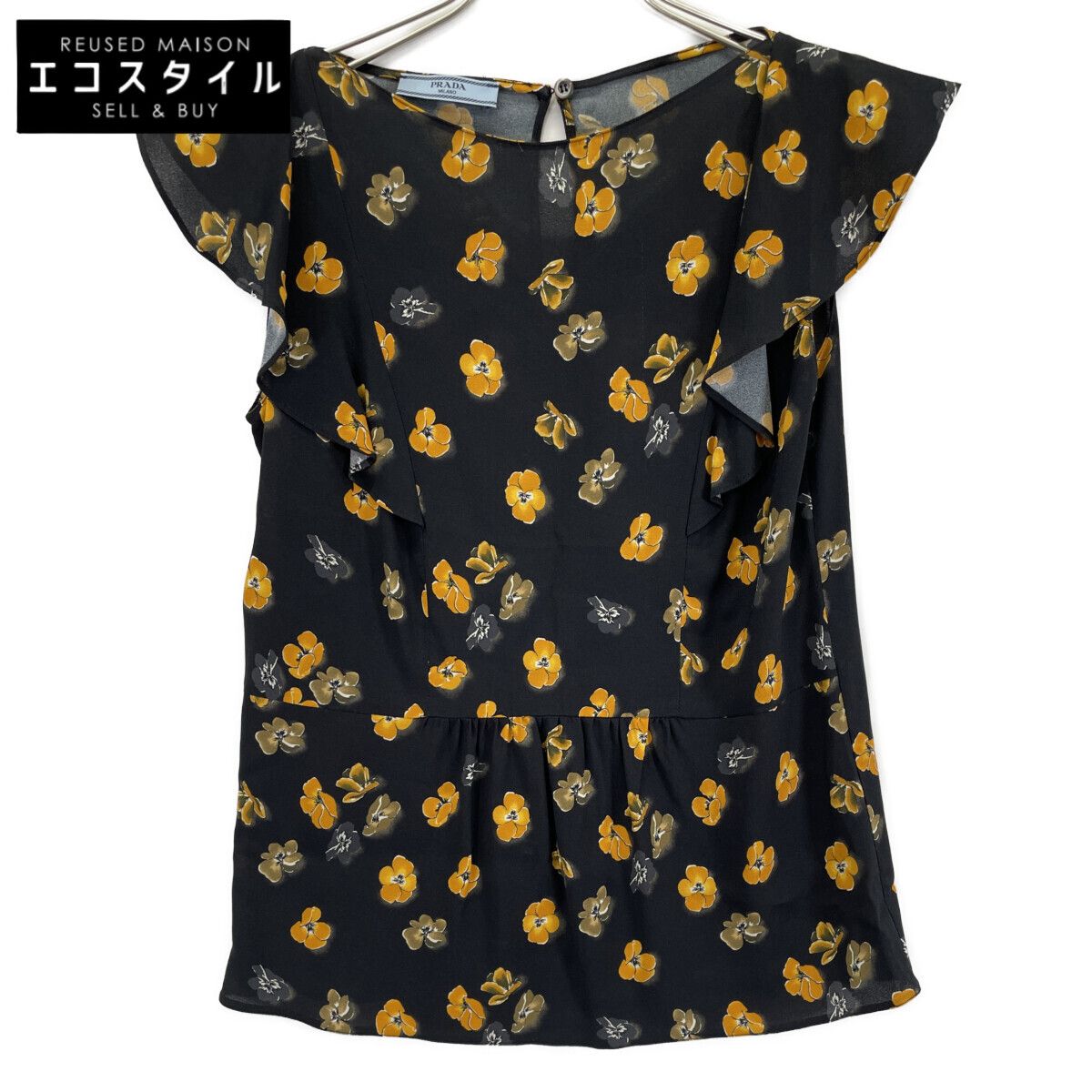 PRADA プラダ P996B 17年製 ﾌﾞﾗｯｸ ﾌﾗﾜｰﾌﾟﾘﾝﾄﾌﾘﾙﾉｰｽﾘｰﾌﾞﾌﾞﾗｳｽ 38