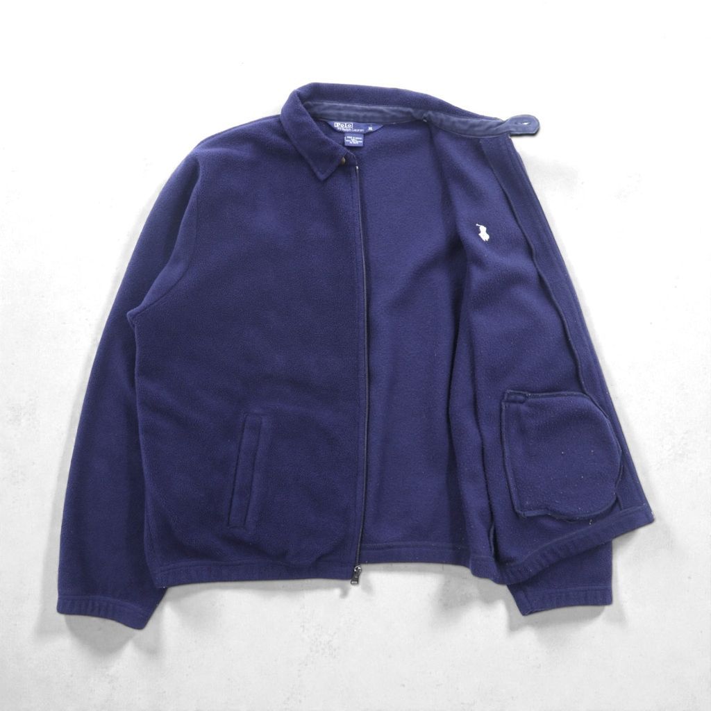 Polo Ralph Lauren 90年代 短丈 フリース ハリントンジャケット XL ネイビー チンストラップ スモールポニー刺繍