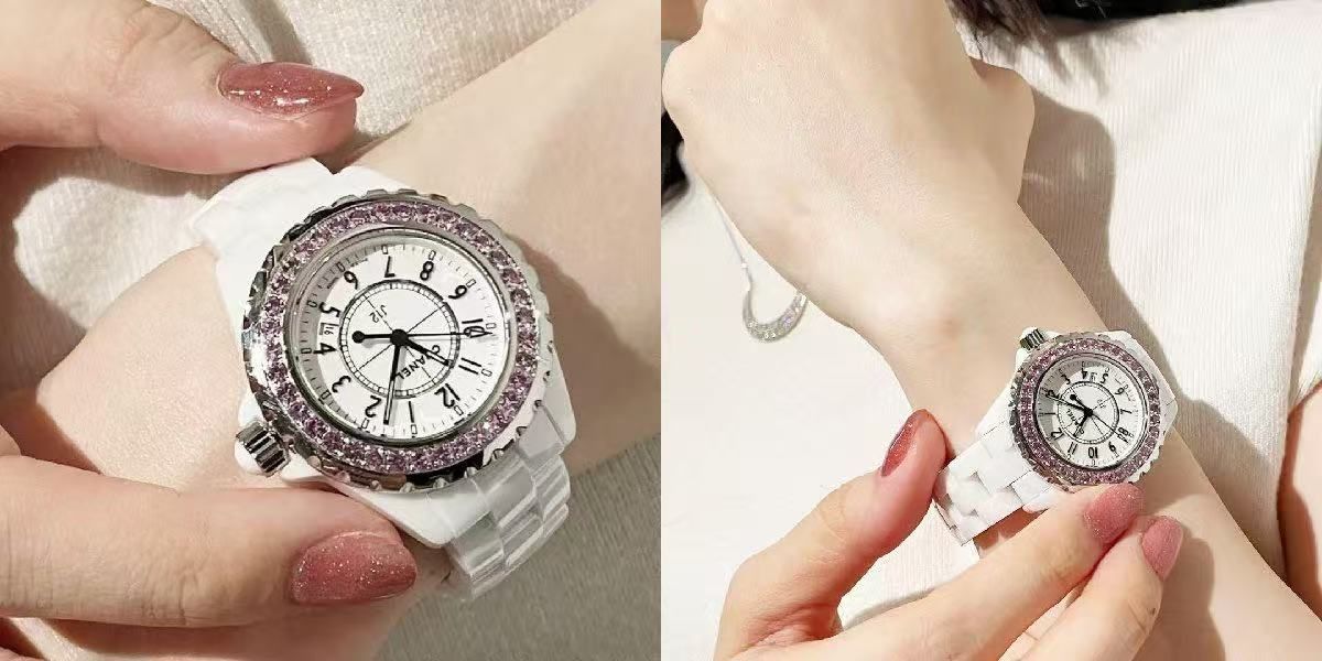 J 12クォーツ33ミリ白ホワイト文字盤セラミックピンクサファイア宝石ユニセックスH