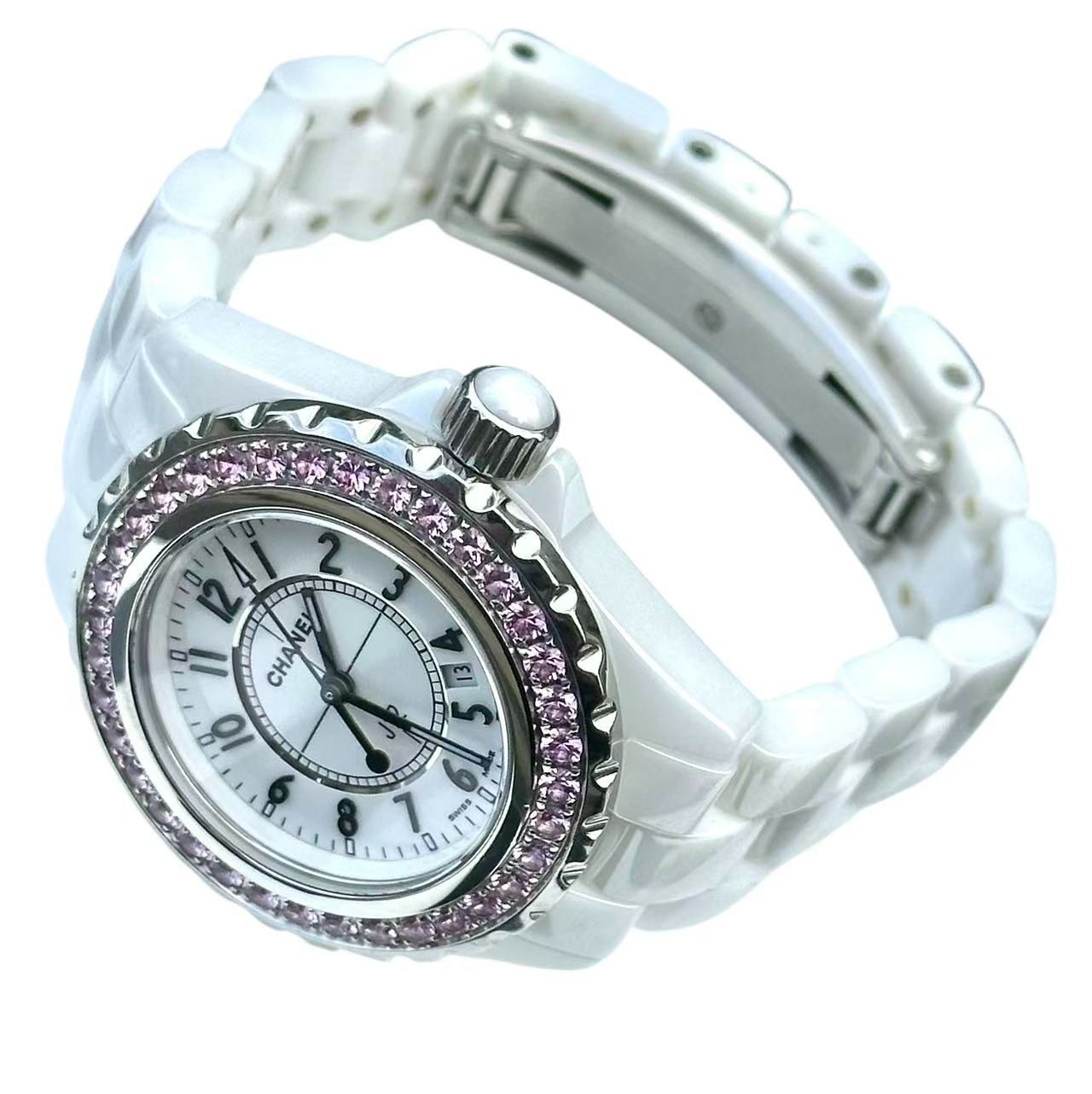 12クォーツ33ミリ白ホワイト文字盤セラミックピンクサファイア宝石ユニセックスH