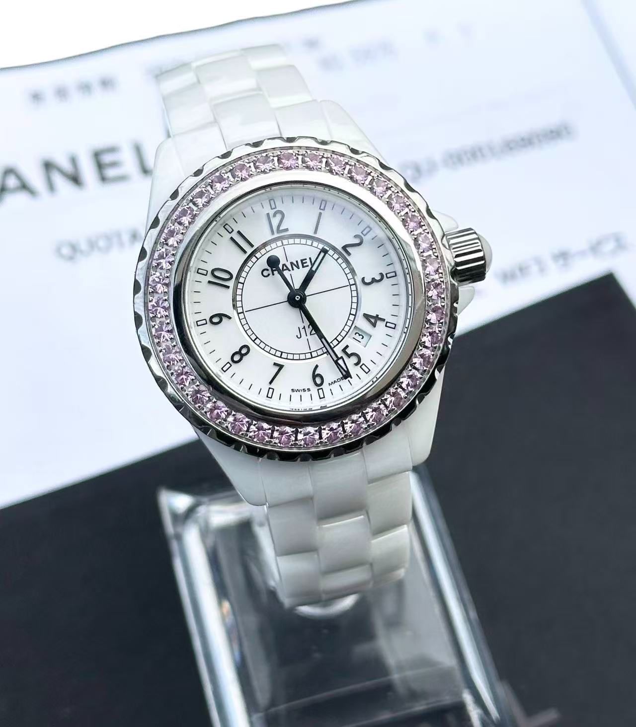 超 稼働品 シャネルCHANEL J 12クォーツ33ミリ白ホワイト文字盤セラミックピンクサファイア宝石ユニセックスH 1181腕時計