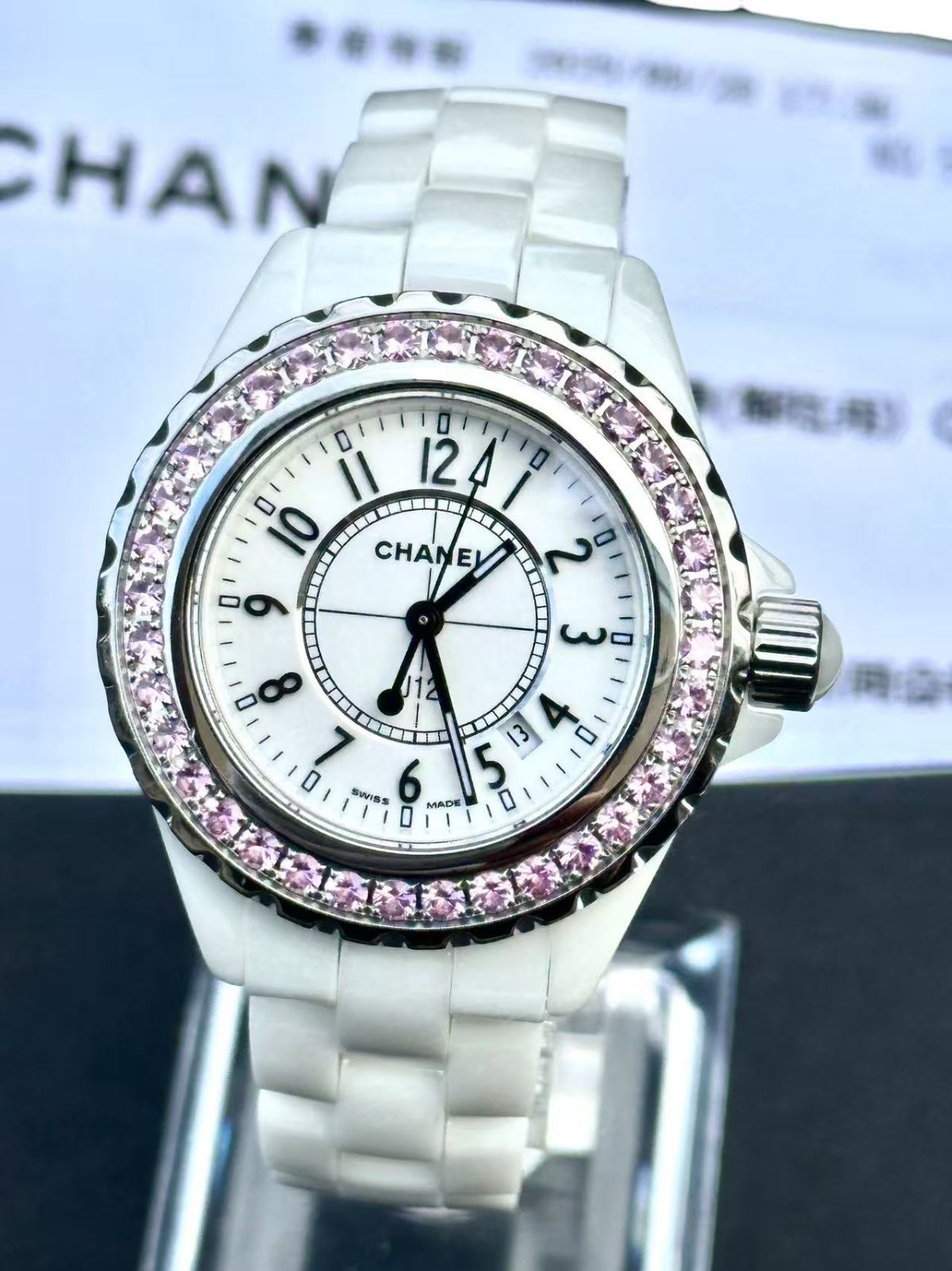 12クォーツ33ミリ白ホワイト文字盤セラミックピンクサファイア宝石ユニセックスH 1181腕時計