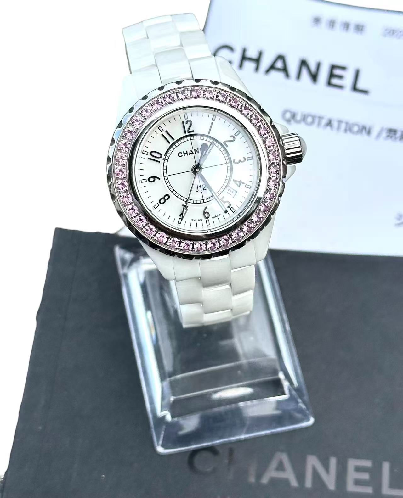 12クォーツ33ミリ白ホワイト文字盤セラミックピンクサファイア宝石ユニセックスH