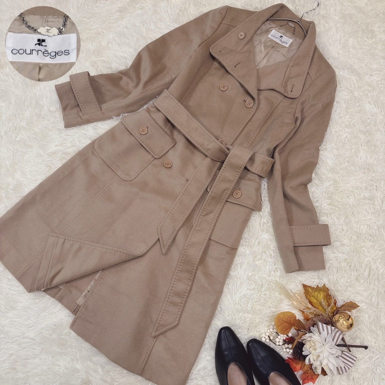 クレージュ courreges スタンドカラーコート ロング ライナー 38 クレージュ カシミヤ ウール B0872 Courregesのフリマアイテム一覧 ベルト付