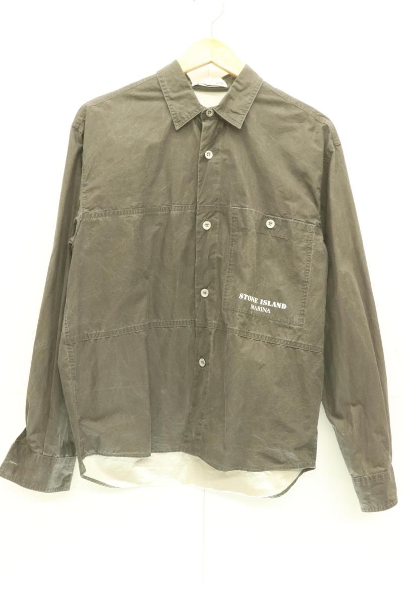 STONE ISLAND メンズ長袖シャツ S MARINA PLATED COTTON CANVAS グレー 灰 ロゴ
