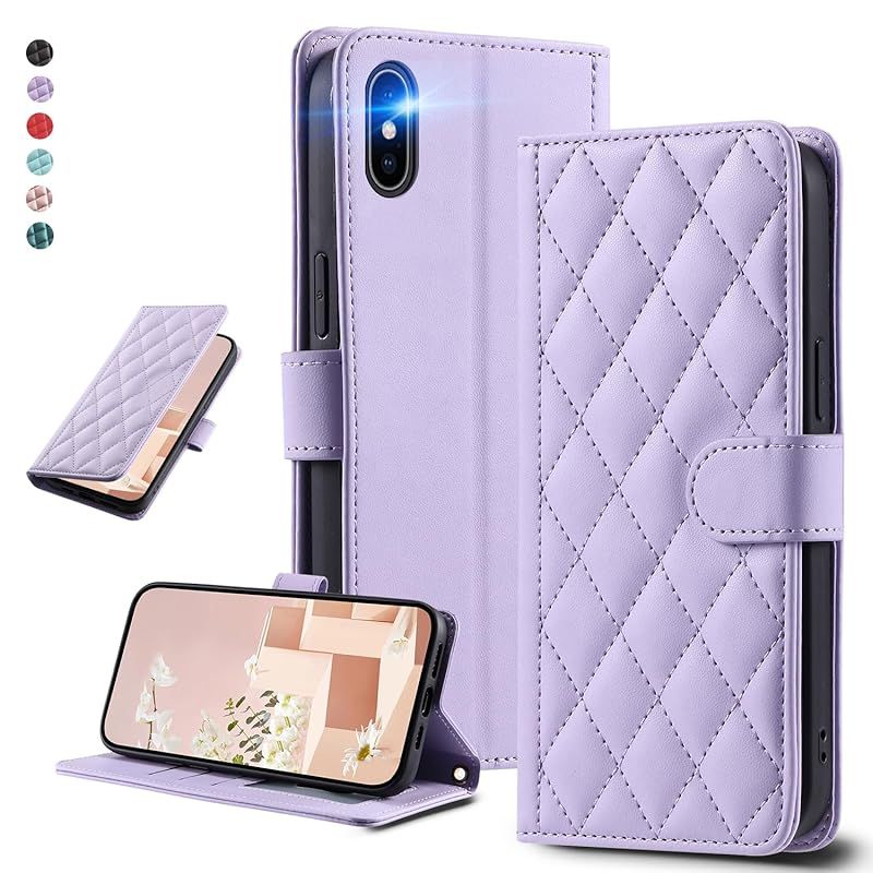 UnivoColors iPhone Xs、iPhone X キルティングレザー調 手帳型ケース エレガント 高質PU マグネット開閉式 カード収納機能 スタンド機能 液晶全面保護 レンズ保護 ストラップ付属(パープル)