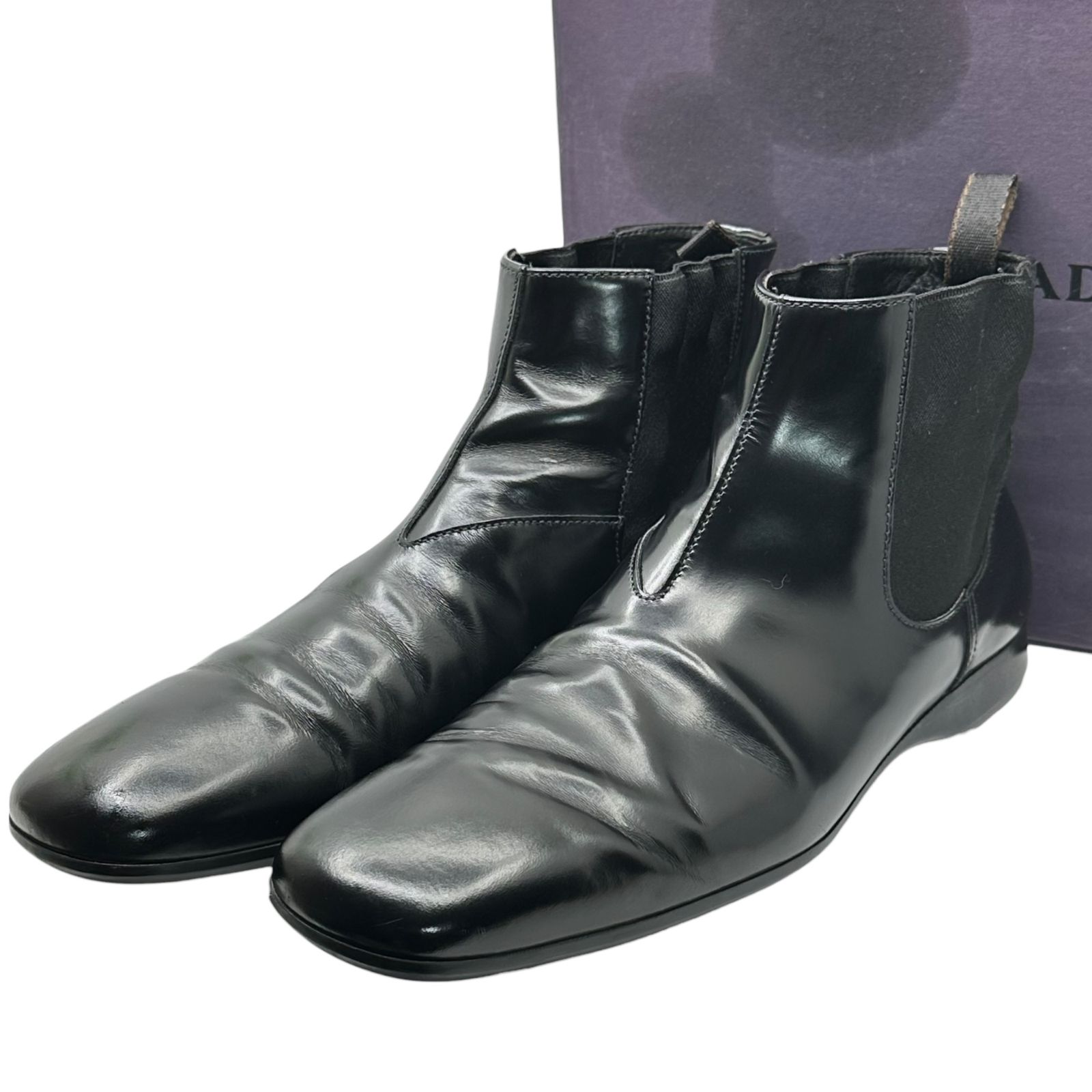 PRADA プラダ High Shine Leather Square Toe Side Gore Boots ハイシャイン レザー スクエアトゥ サイドゴア ブーツ T 1544 7 26 cm程度 ブラック