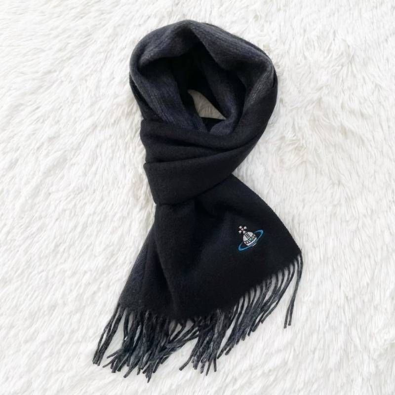 羊毛＆カシミヤ混 ヴィヴィアンウエストウッド フリンジ マフラー オーブ刺繍 Vivienne Westwood（ヴィヴィアンウエストウッド） ウール100％ ロゴ