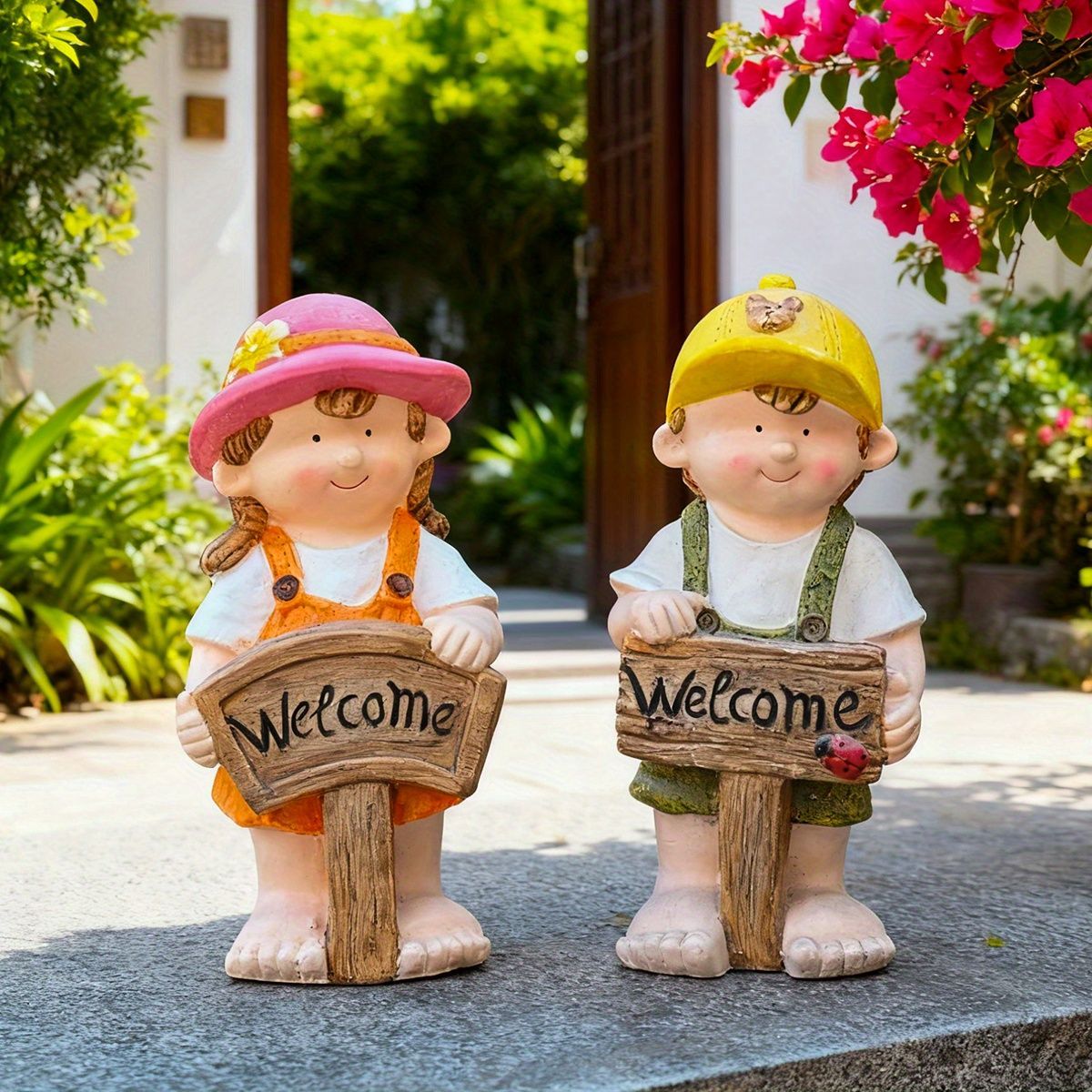 置物 オブジェ ガーデンオーナメント ウェルカムボードを持っている女の子 男の子 2種類 屋外 インテリア 玄関 リビング ダイニング 装飾 庭 ガーデニング ガーデン 樹脂 ギフト インテリア用品 贈り物 雑貨