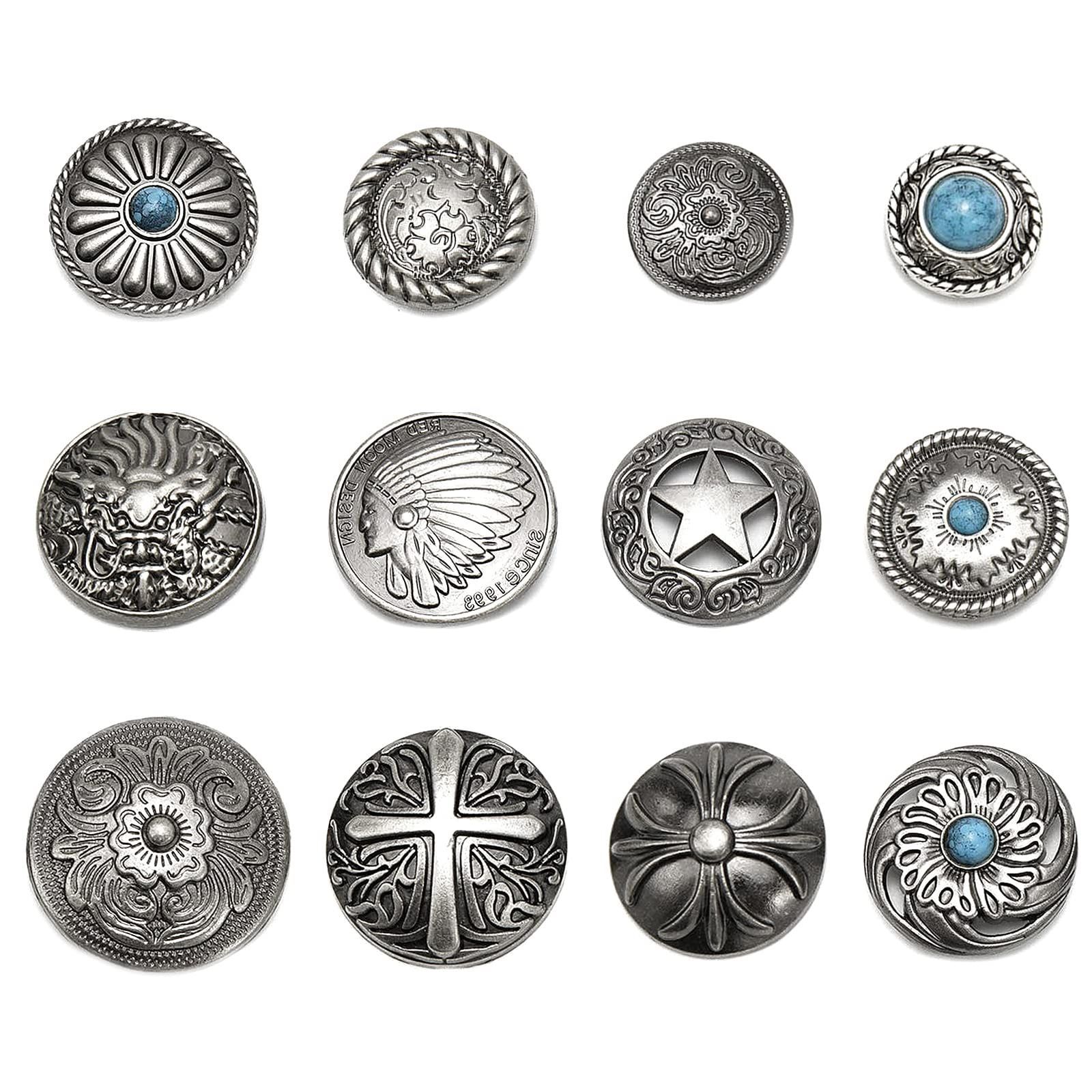 Samkos 12 Pack Concho Buttons 20mm-32mm Screw-On Indian Cross Turquoise Arabesque Dragon Five-pointed Star Craft Leather Craft Bag Wallet Handicraft DIY Sewing Decorative Buttons Easy to Replace and Install