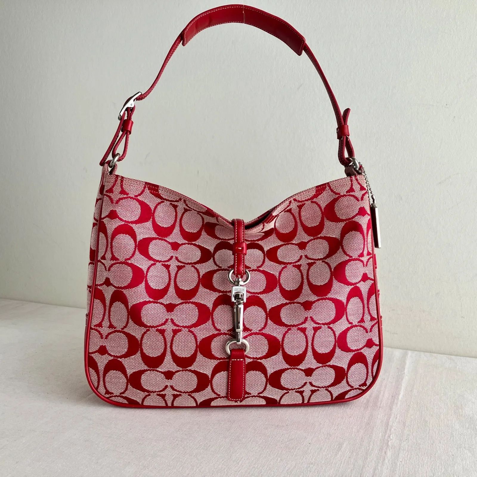 Vintage Coach Hampton Hobo Clip Bag Red Shoulder Jacquard Leather Y 2 K