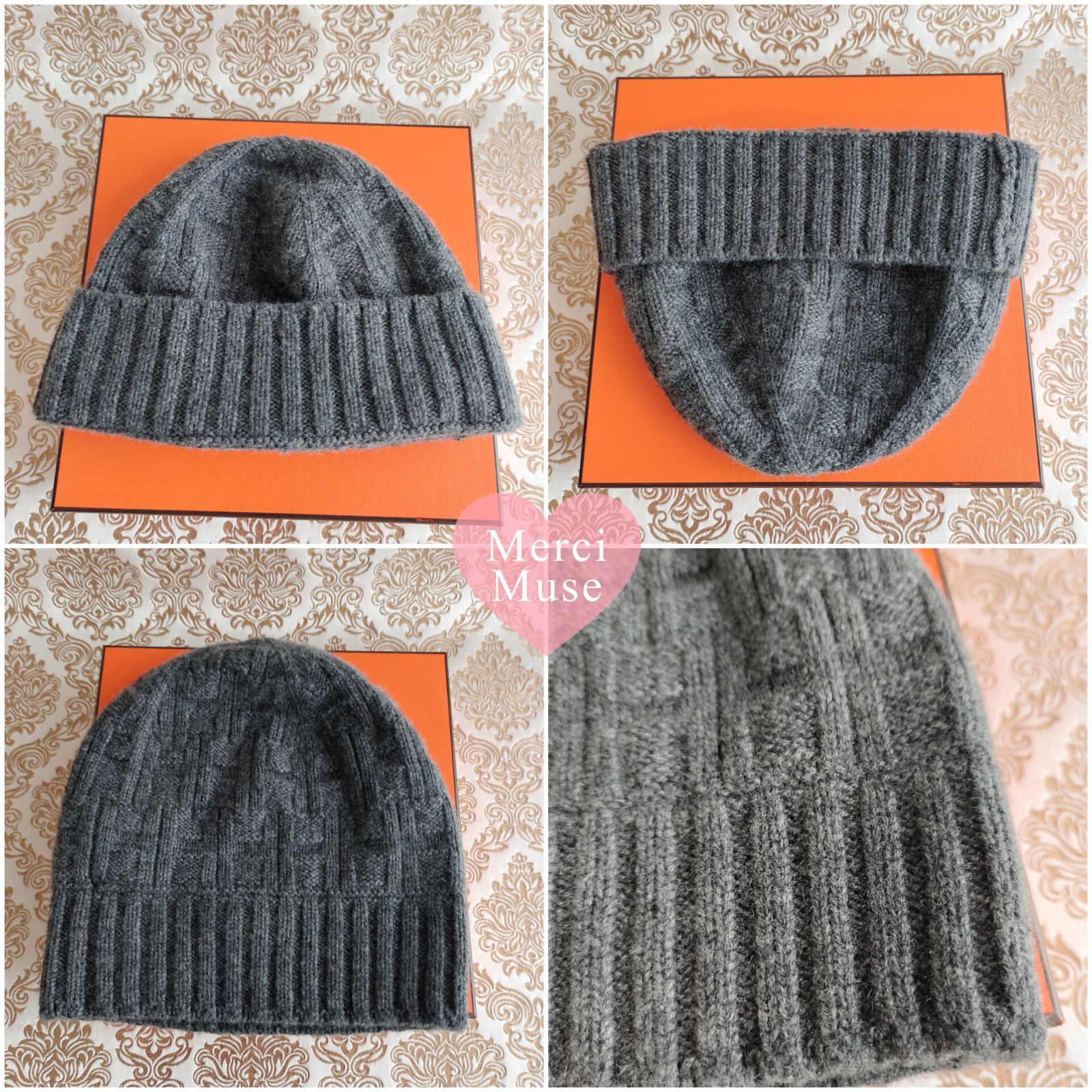 ❤お得なお品❤クリーニング済み Ｈ柄ニット帽 グレー Mサイズ エルメス ❤お得なお品❤クリーニング済み H柄カシミヤニット帽 Mサイズ