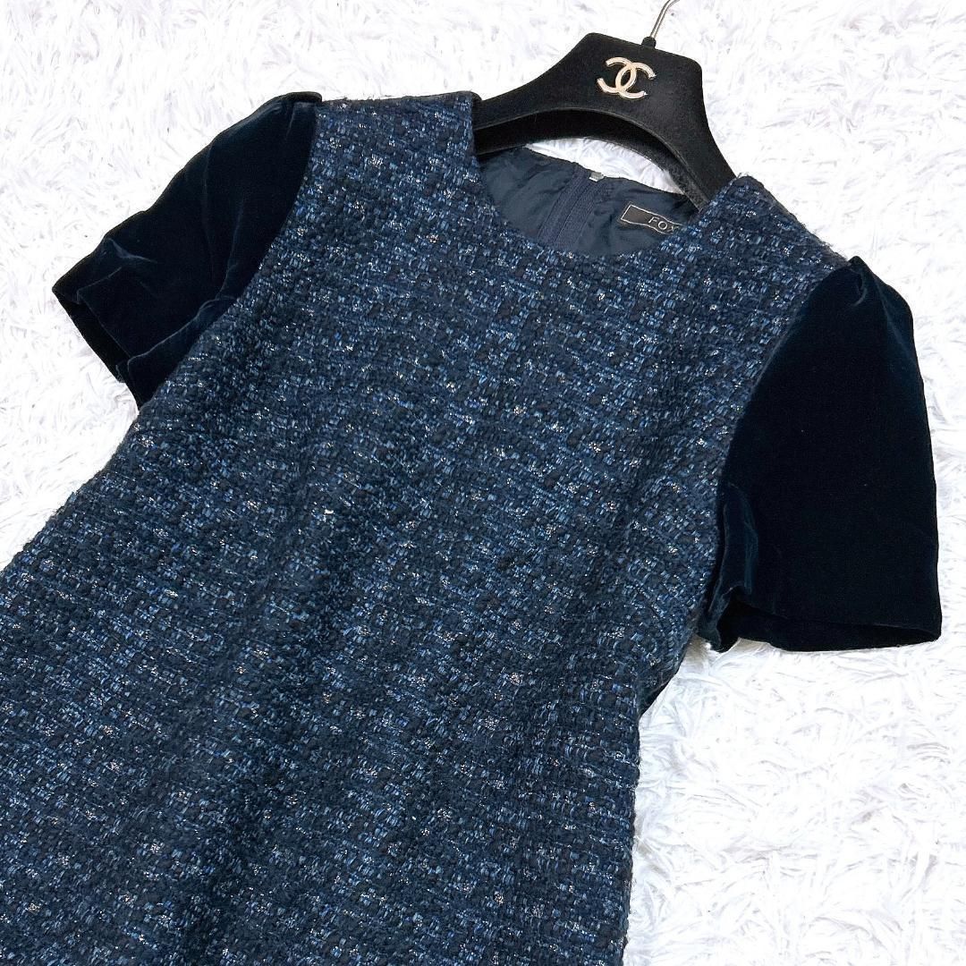 美品】FOXEY ツイードベロア切替ワンピース ベロア ネイビー 40 - メルカリ