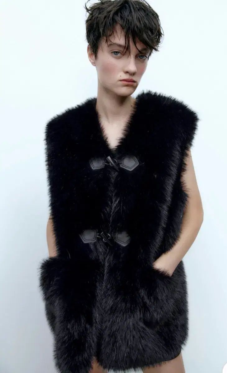 断捨離/新品) ZARA ブラック ファー ベスト XSサイズ (YouTuber