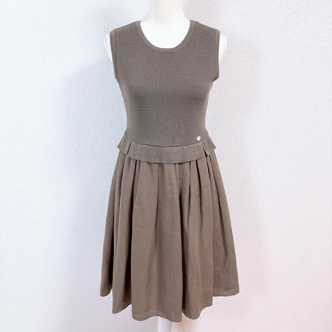 美品】FOXEY ノースリーブワンピース ドッキング ニット×フレア 40