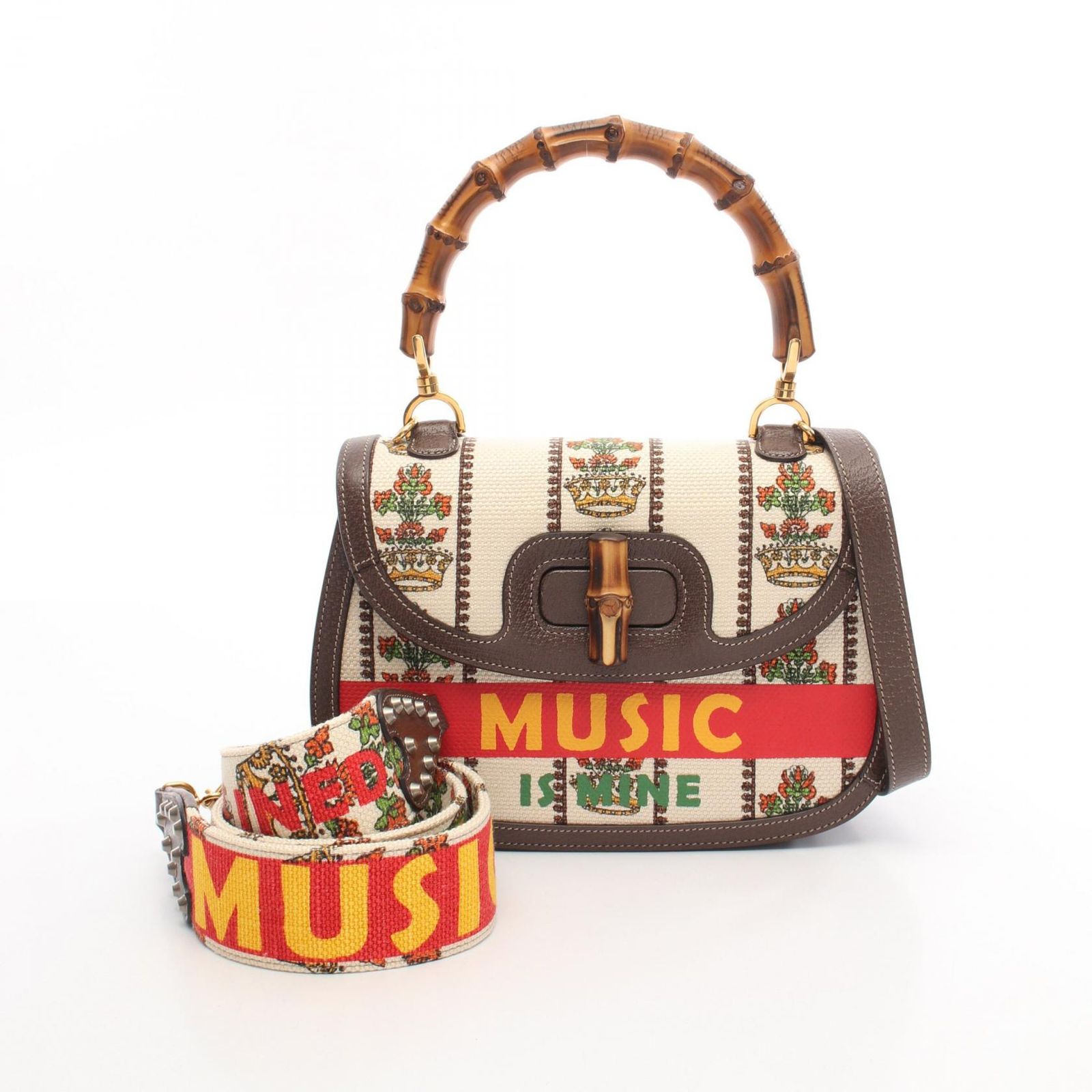 グッチ GUCCI ハンドバッグ MUSIC IS MINE バンブー 681173 ダークブラウン マルチ キャンバス レザー 2 wayハンドバッグ レディース A
