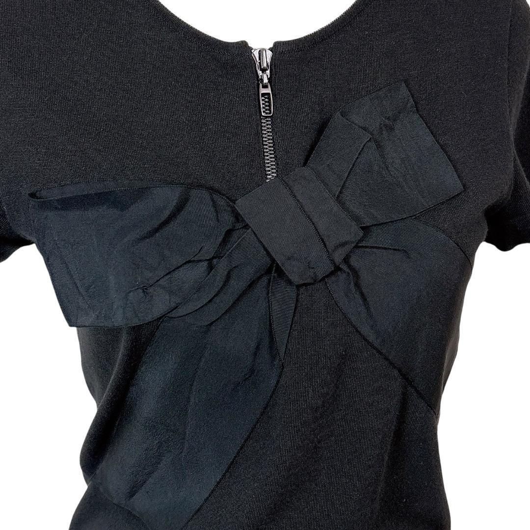 【美品】FOXEY 半袖フロントリボンニット 40 ハーフジップ 無地 ブラック 美品】FOXEY 半袖フロントリボンニット 40 ハーフジップ 無地 ブラック