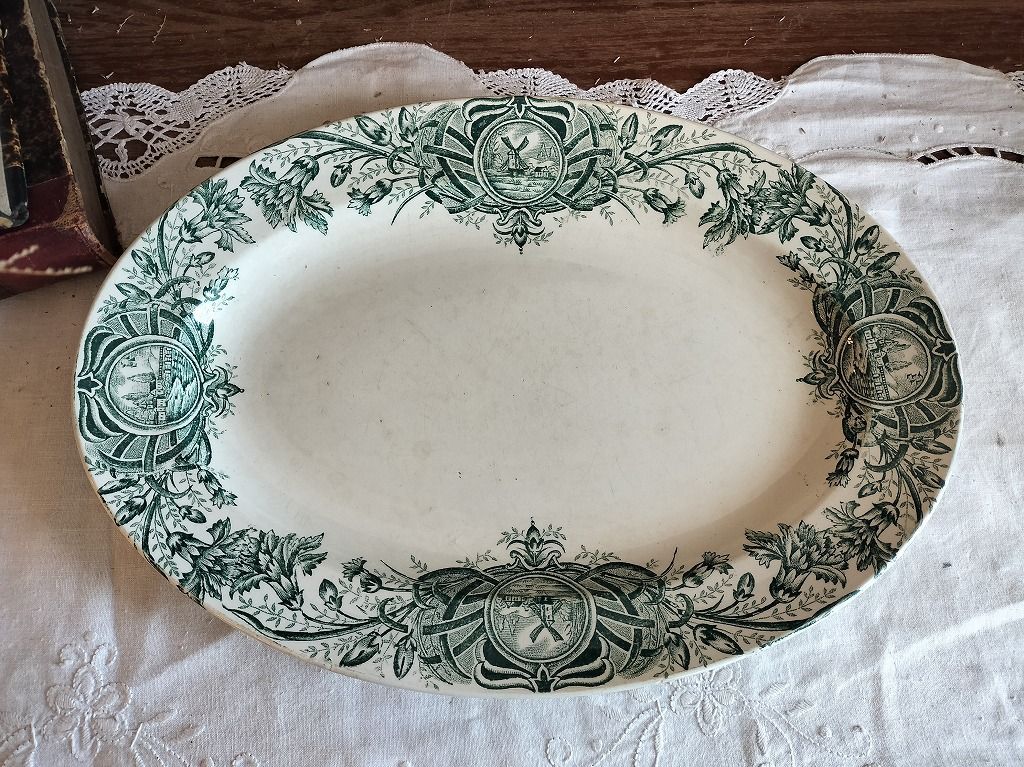 フランス アンティーク サンタマン オーバル 皿 模様付き 陶器 1900年