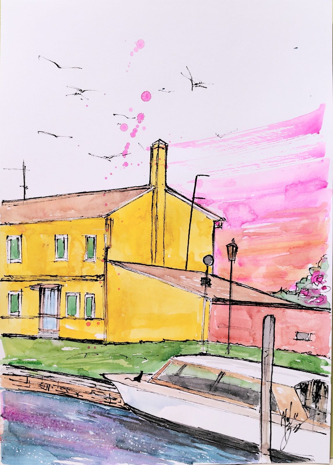 原画#32 黒猫 ブラーノ島 夕暮れ ベネチア 水彩画 ドローイング