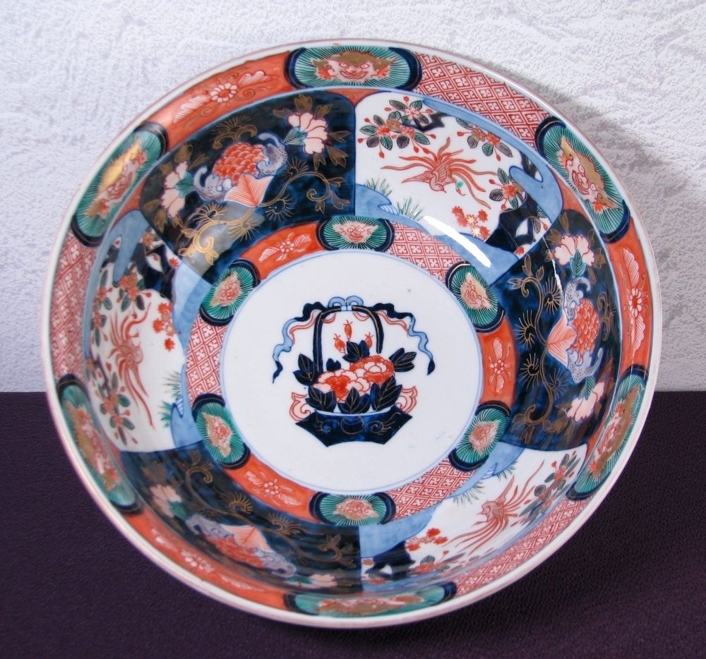 古伊万里 染錦 金彩深鉢 植物 獅子 鳳凰文 三つ組みの内 小 幅 25 5 cm 明治時代 L 019