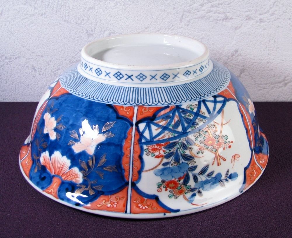  古伊万里 染錦 金彩深鉢 植物 獅子 鳳凰文 三つ組みの内 大 幅 31.5 cm 明治時代 25 L 021 陶芸 工芸品