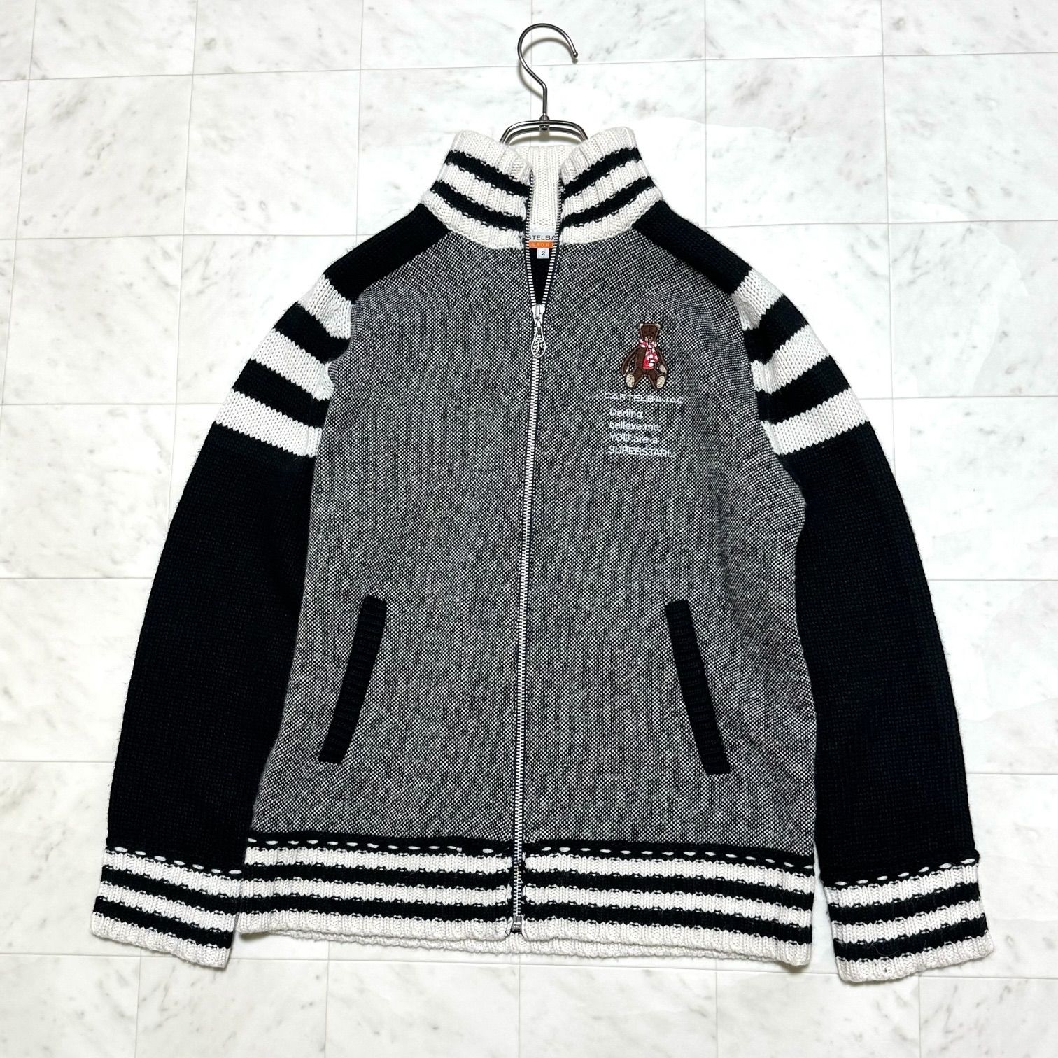SPORT カステルバジャック カシミヤ アンゴラ混 フルジップニットジャケット ブルゾン ベア 刺繍 サイズ2