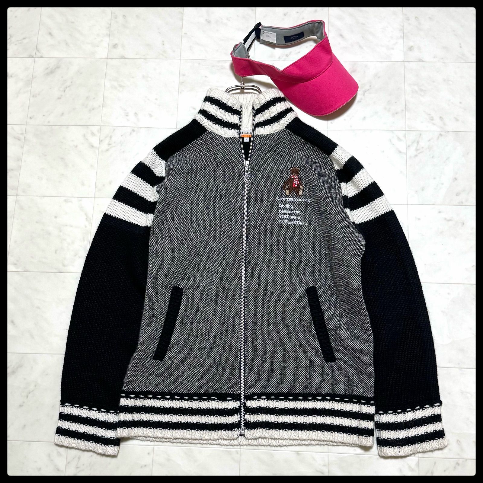 SPORT カステルバジャック カシミヤ アンゴラ混 フルジップニットジャケット ブルゾン ベア 刺繍 サイズ2