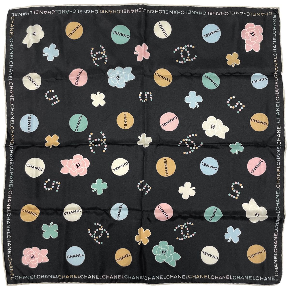 シャネル CHANEL ロゴ スカーフ カメリア ココマーク シルク ブラック マルチ レディース