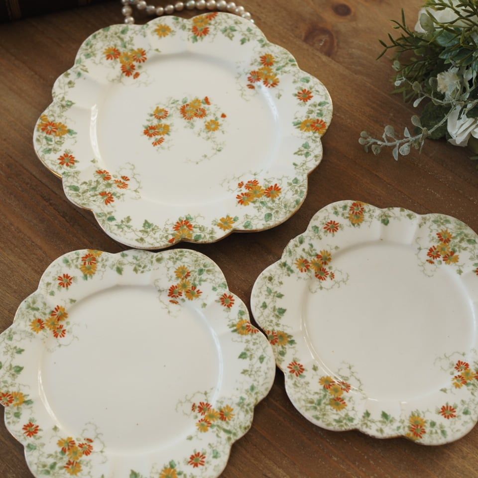 英国Shelley（シェリー） オレンジ・デイジー柄 プレート3枚 F1