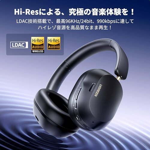 UGREEN ヘッドホン Bluetooth ワイヤレスヘッドホン ウルトラノイズキャンセリング LDAC ハイレゾ音質 5 4 有線 無線 最長75時間音楽再生 マルチポイント対応 外音取り込み 風ノイズ低減マイク搭載 196 e 22 ed